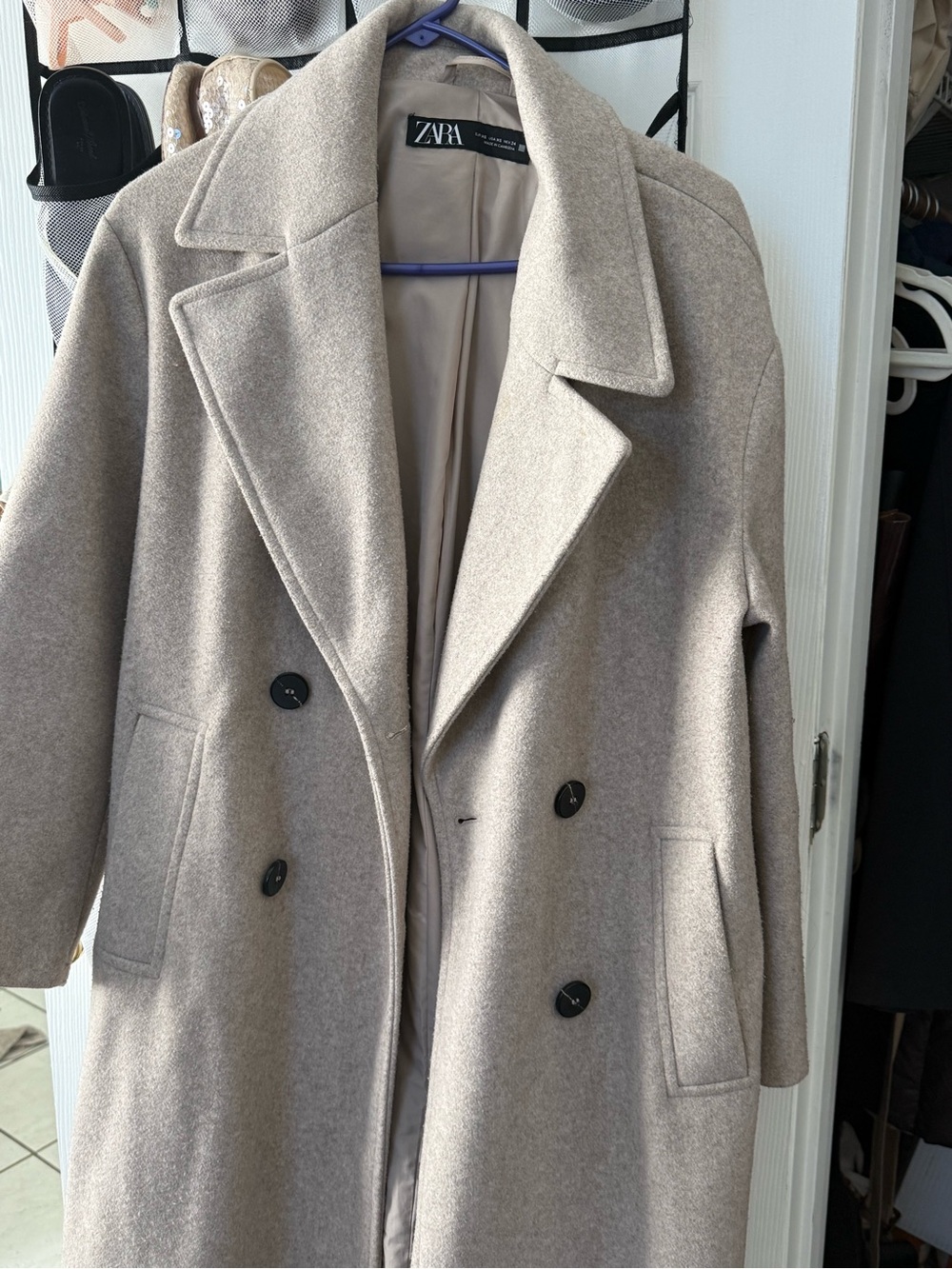 ZARA Taupe Double-Breasted Wool-Blend Pea Coat - Picture 2 of 3